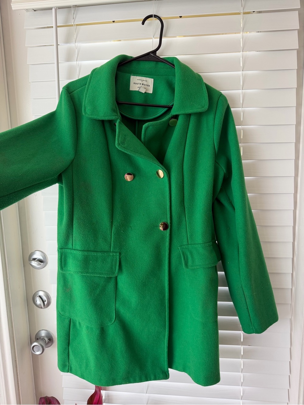 Haute Monde Emerald Green Double-Breasted Pea Coat with Gold Buttons